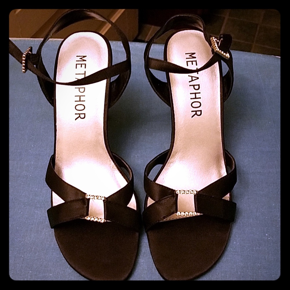 Black satin dress sandals with rhinestone
